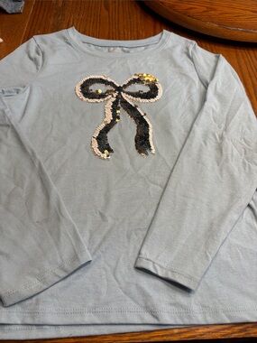 Girls' Light Blue Sequin Bow Long-Sleeve Top